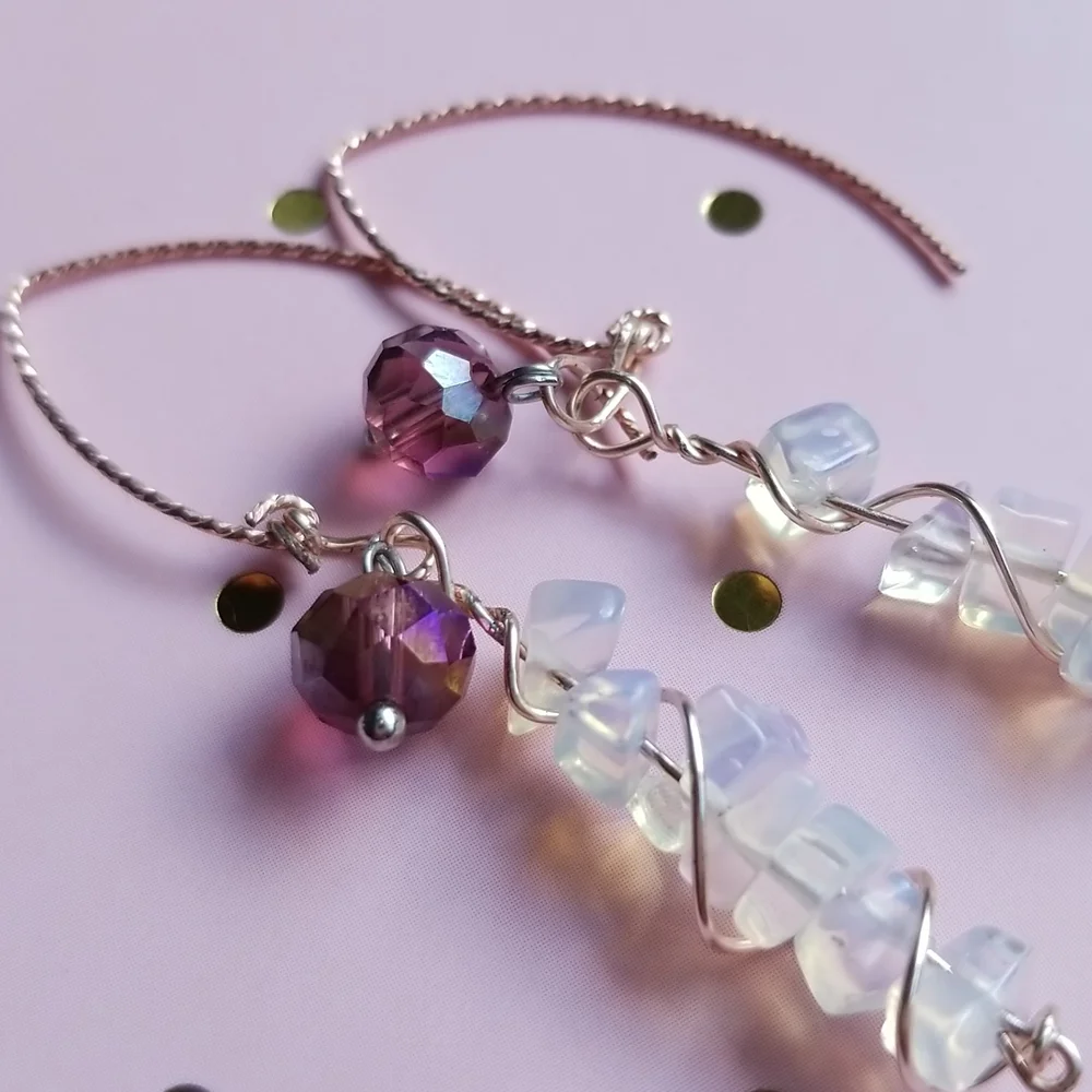 Handmade Earrings - Moonstone Chips & Dark Lilac Crystal Rondelle - EUC - Picture 3 of 7